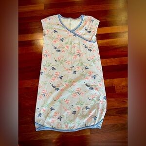 Garnet Hill Asian Wrap Organic Cotton nightgown Blue Trimmed Floral
